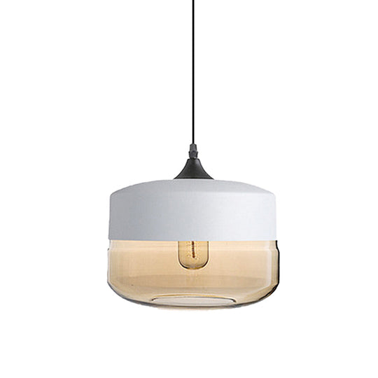 Modern 1-Light Drum/Cylinder/Jar Suspension Pendant – Clear/Yellow Glass – White/Black Fixture