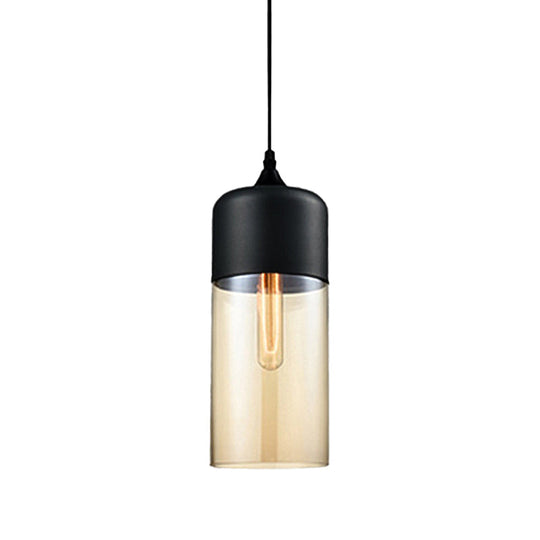 Modern 1-Light Drum/Cylinder/Jar Suspension Pendant – Clear/Yellow Glass – White/Black Fixture
