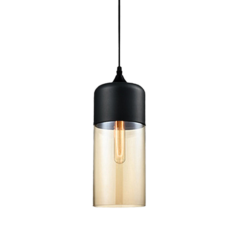 Modern 1-Light Glass Suspension Pendant In White/Black - 5/7/8 Wide Drum/Cylinder/Jar Clear/Yellow