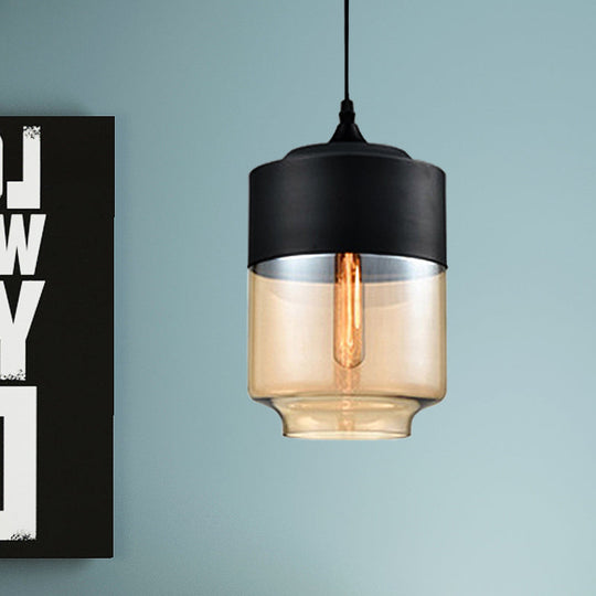 Modern 1-Light Drum/Cylinder/Jar Suspension Pendant – Clear/Yellow Glass – White/Black Fixture