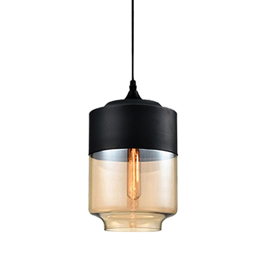 Modern 1-Light Drum/Cylinder/Jar Suspension Pendant – Clear/Yellow Glass – White/Black Fixture