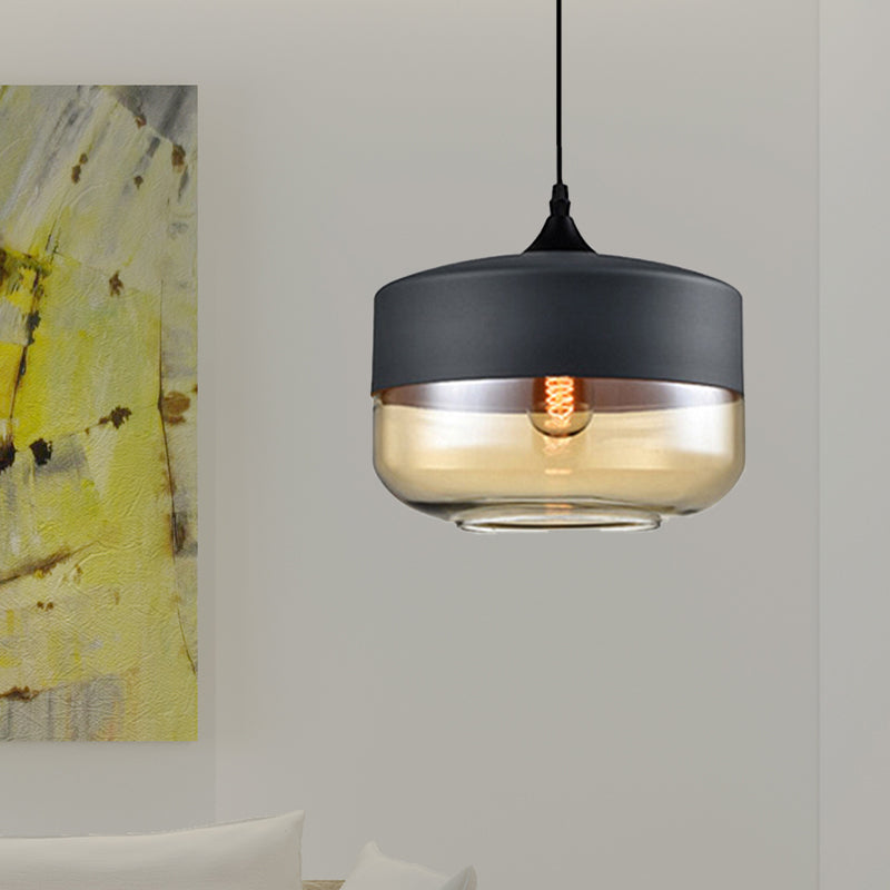 Modern 1-Light Glass Suspension Pendant In White/Black - 5/7/8 Wide Drum/Cylinder/Jar Clear/Yellow
