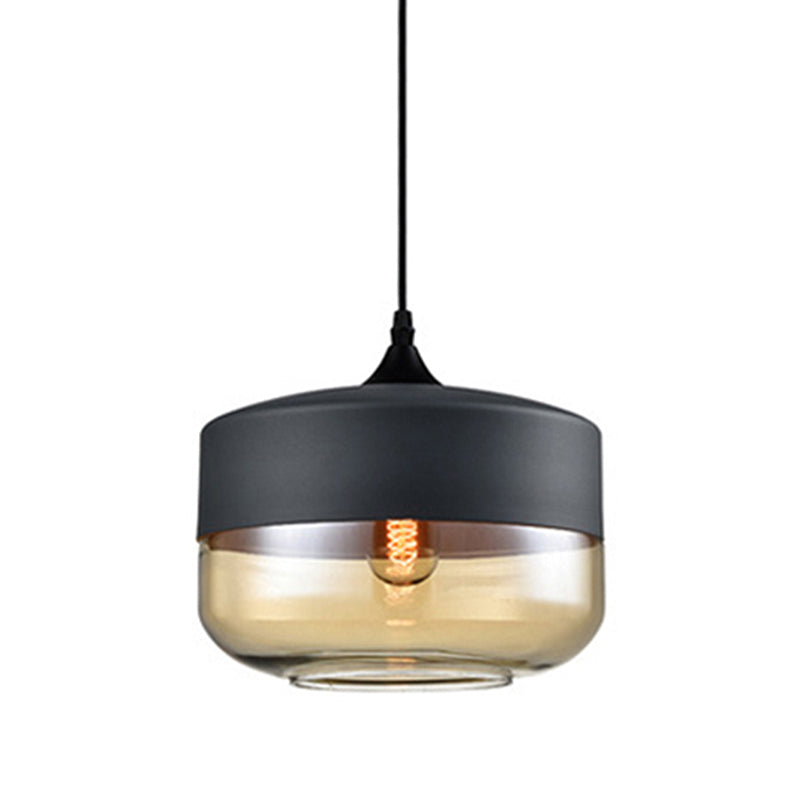 Modern 1-Light Drum/Cylinder/Jar Suspension Pendant – Clear/Yellow Glass – White/Black Fixture