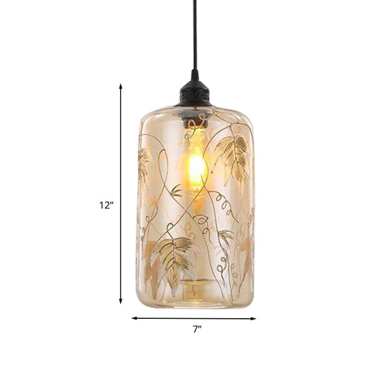 Modern Amber Glass Hanging Light: Cylindrical Pendant Lamp With Leaf Pattern For Bedroom