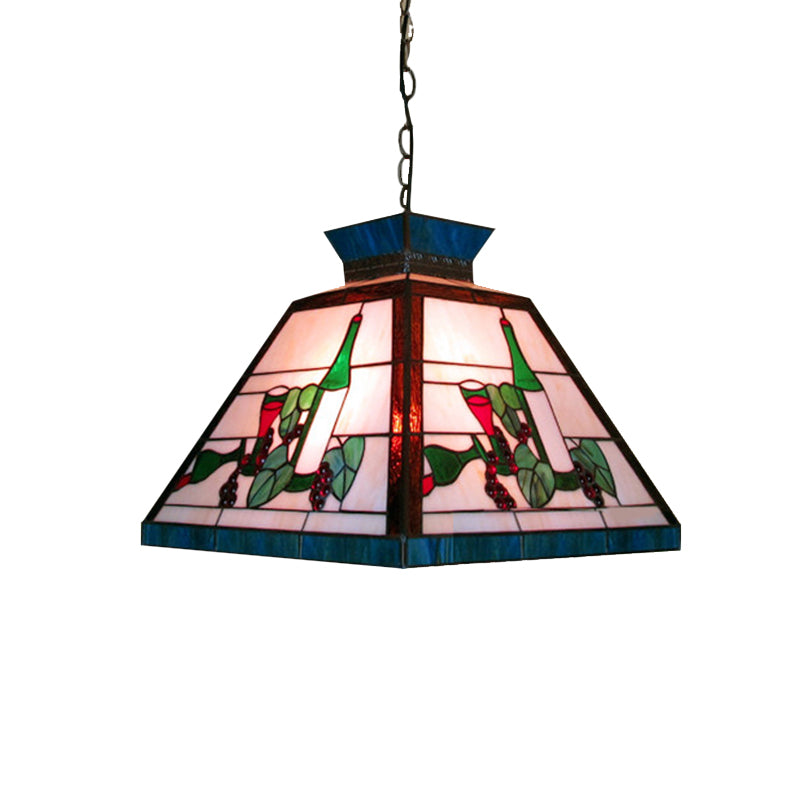Green and White Stained Glass Tiffany-Style Pendant Light - Single Head Trapezoid Fixture