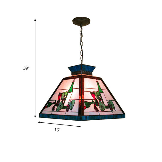 Green and White Stained Glass Tiffany-Style Pendant Light - Single Head Trapezoid Fixture