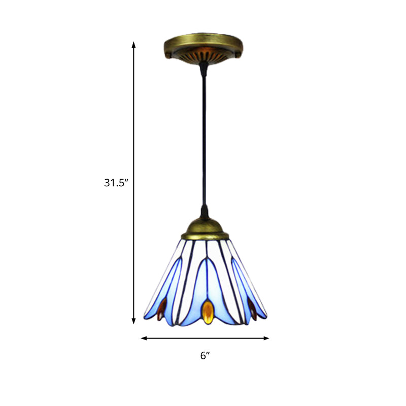 Tiffany-Style Handcrafted Art Glass Pendant Ceiling Lamp - Wide Flare 1-Bulb Blue Flower Pattern