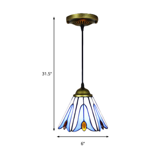 Tiffany-Style Handcrafted Art Glass Pendant Ceiling Lamp - Wide Flare 1-Bulb Blue Flower Pattern