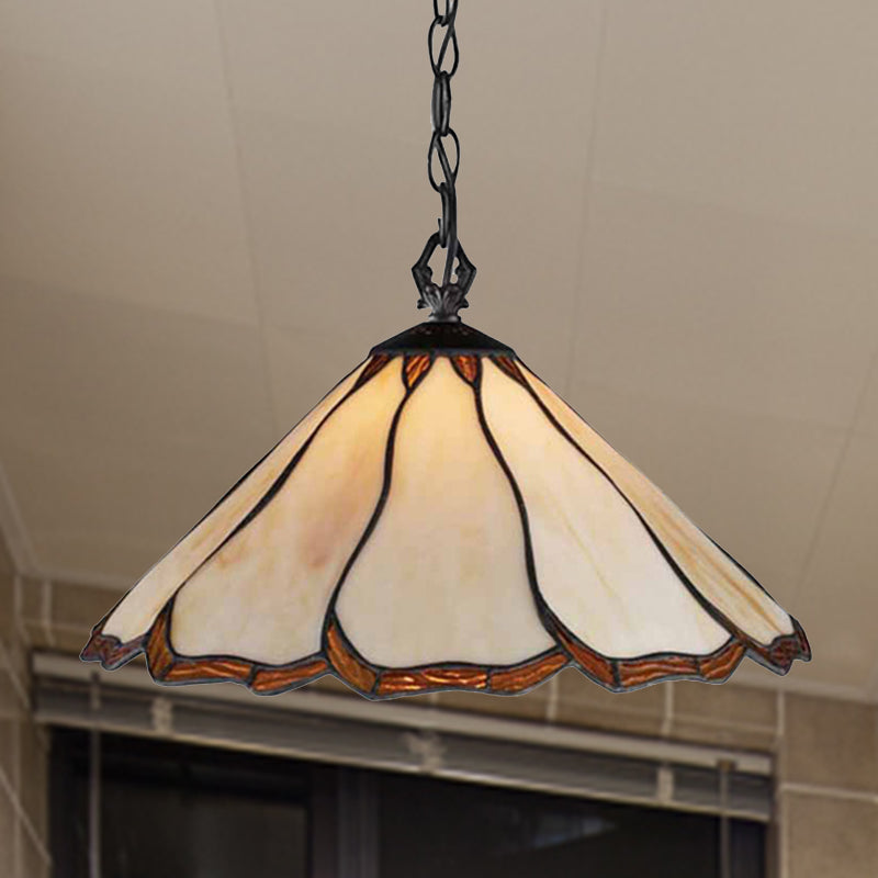 Tiffany-Style Beige Stained Glass Pendant Light For Bedroom - Flared Hanging Ceiling Fixture With 1