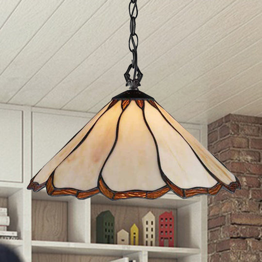 Beige Stained Glass Tiffany-Style Pendant Light for Bedroom 1-Bulb Flared Hanging Design