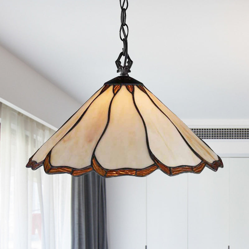 Beige Stained Glass Tiffany-Style Pendant Light for Bedroom 1-Bulb Flared Hanging Design