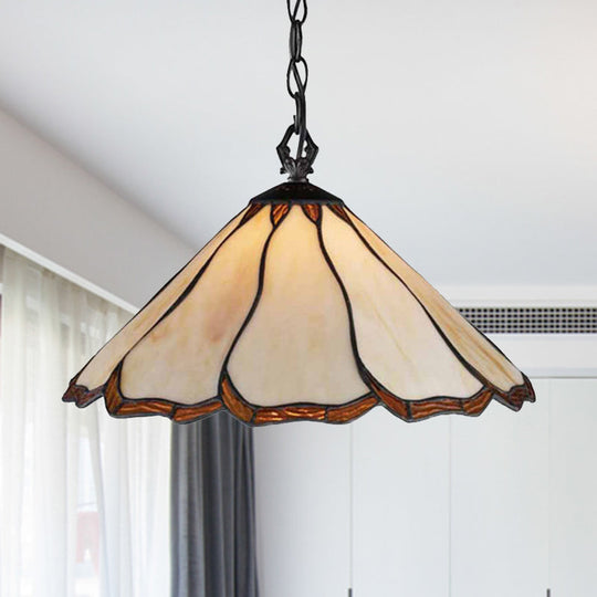 Tiffany-Style Beige Stained Glass Pendant Light For Bedroom - Flared Hanging Ceiling Fixture With 1