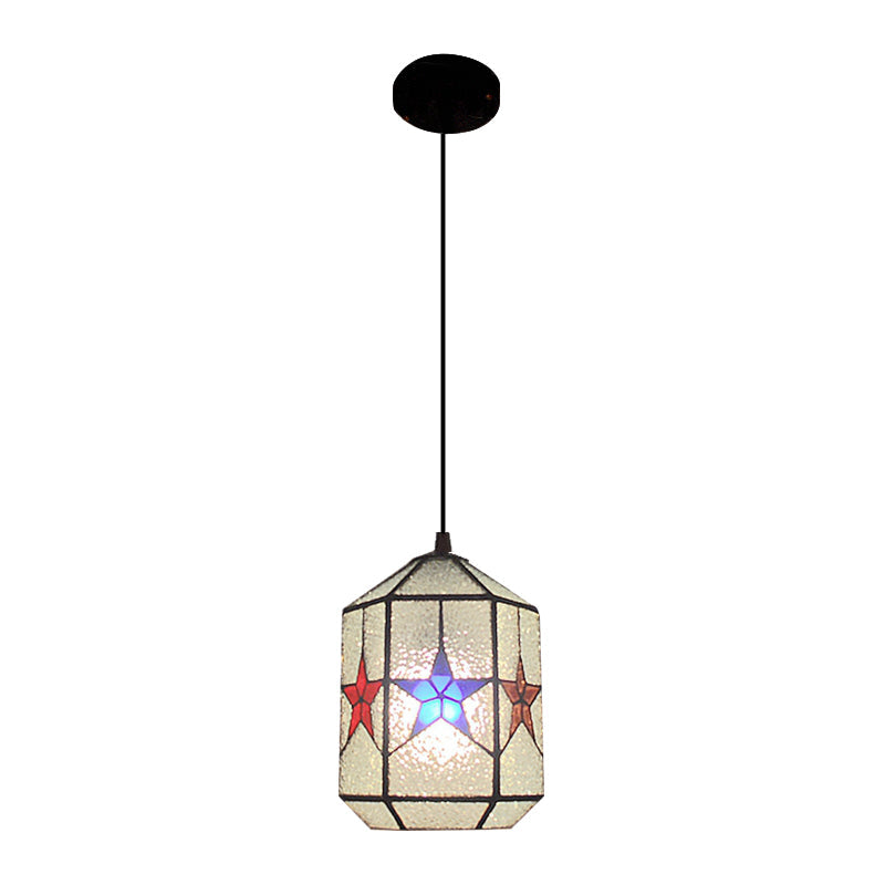 Stylish Star Design Pendant Ceiling Light - White/Clear Tiffany Art Glass, Stainless, 1-Light
