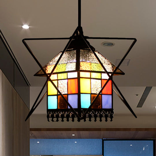 1-Light Stained Glass House Pendant Tiffany Ceiling Lamp with Wire Deco - Creative and Elegant