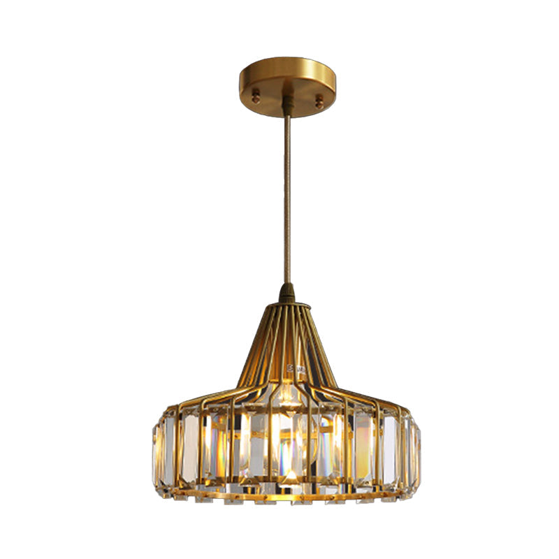 Contemporary Crystal Block Drum Pendant Light - Gold, 1 Light, 10"/14" Wide