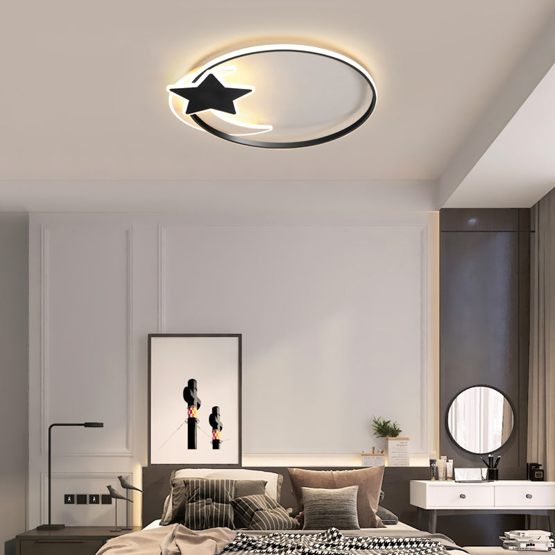 Black Ring LED Ceiling Flush Light with Moon and Star Decor - Simplicity Metal Flush Mount Lamp