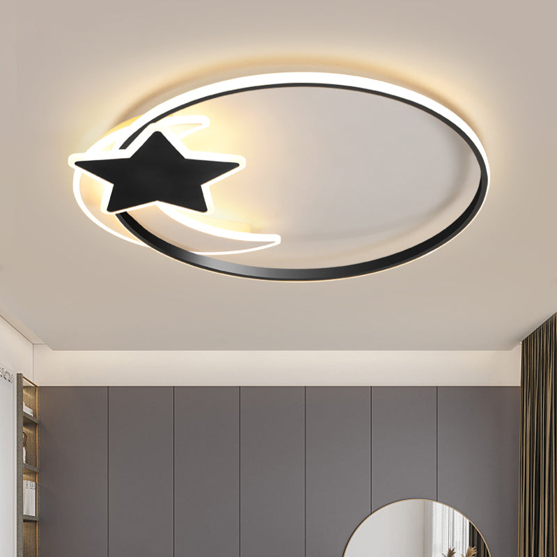 Black Ring LED Ceiling Flush Light with Moon and Star Decor - Simplicity Metal Flush Mount Lamp