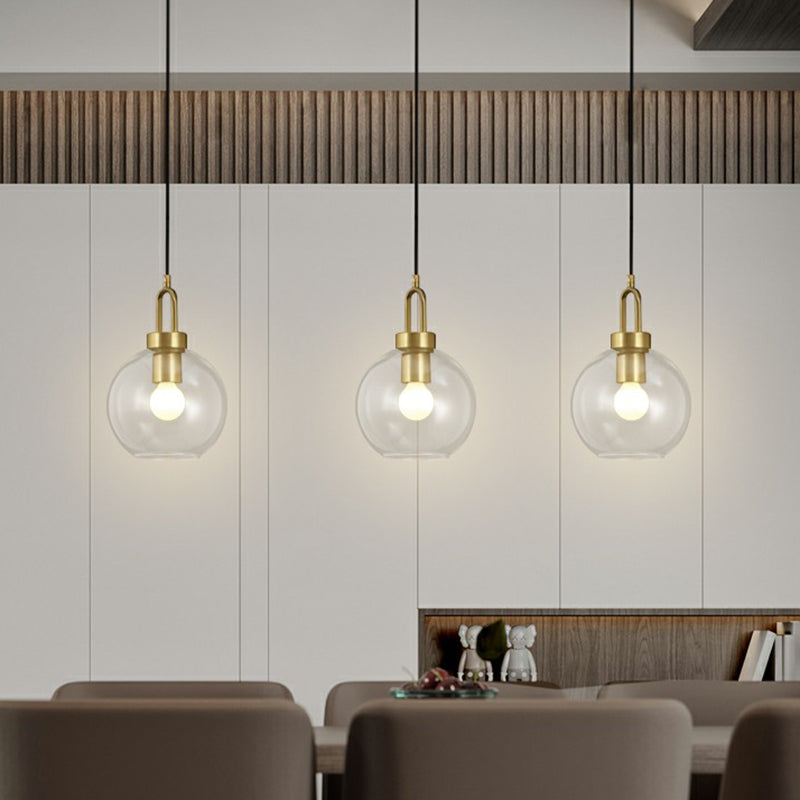 Simple Glass Sphere Pendant Light - 1 Head Brass Finish - Dining Room Ceiling Lamp
