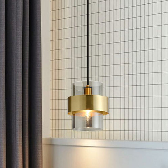Smoke Grey Glass Cylinder Pendant Light - Brass Single Postmodern Bedroom Down Lighting