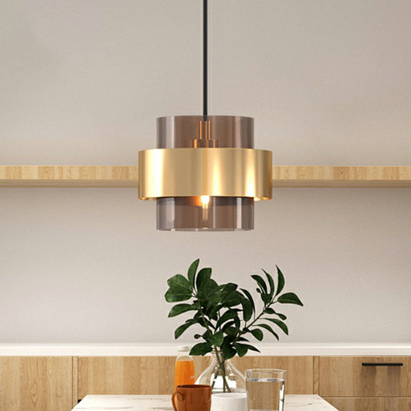 Cognac Glass Pendant Light Fixture with Nordic Design and Gold Ring Guard