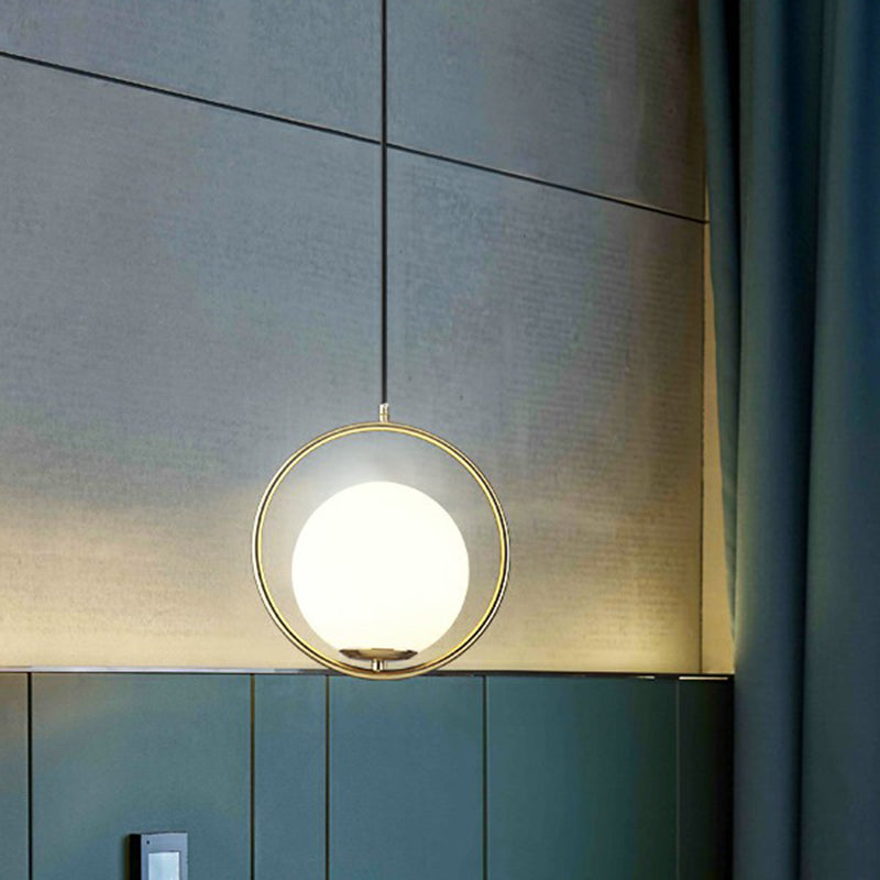 Modern Milky Glass Pendant Light With Brass Loop - Globe Dining Room Suspension Lamp 1 Bulb