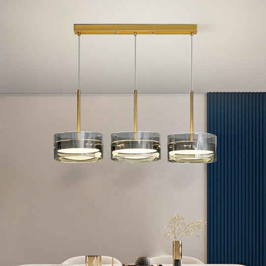 Modern Gold Drum Led Pendant Light With Glass Shades 3 Heads Ceiling Fixture