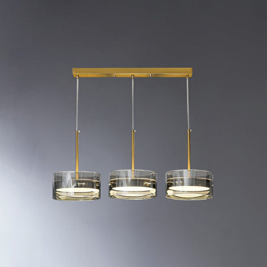 Modern Gold Drum Led Pendant Light With Glass Shades 3 Heads Ceiling Fixture