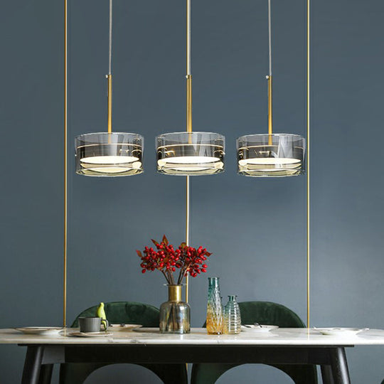 Postmodern Gold Drum LED Glass Pendant Light Fixture - 3 Head Ceiling Lamp