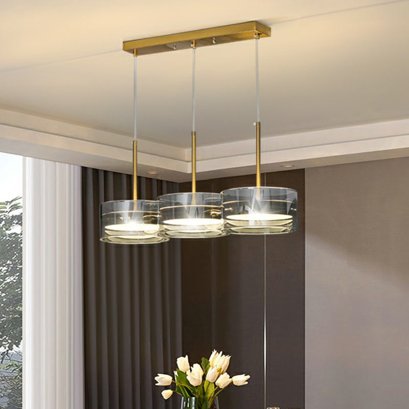Postmodern Gold Drum LED Glass Pendant Light Fixture - 3 Head Ceiling Lamp