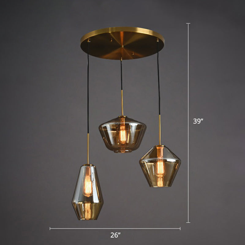Modern 3-Bulb Brass Geometric Pendant Light with Glass Shade