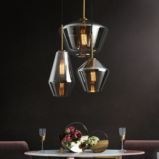 Modern 3-Bulb Brass Geometric Pendant Light with Glass Shade