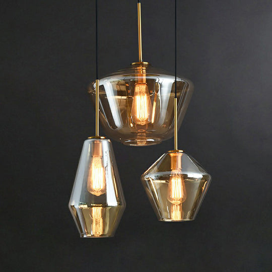 Modern 3-Bulb Brass Geometric Pendant Light with Glass Shade