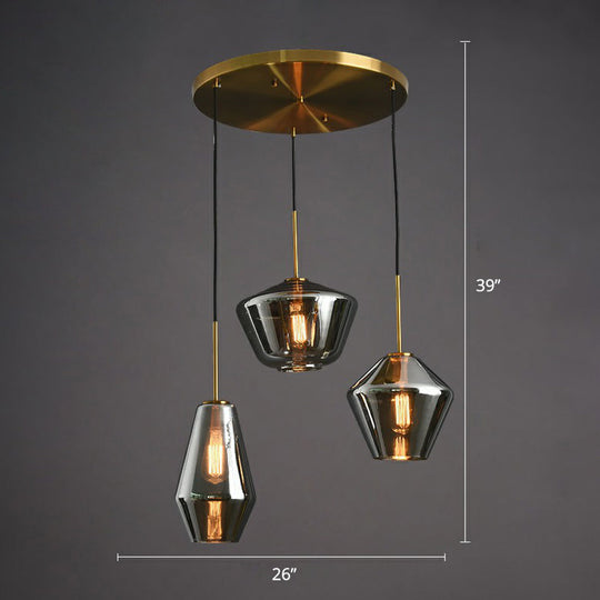 Modern Brass Pendant Light With Glass Shades - 3 Bulb Cluster Ceiling Suspension Smoke Gray / Round