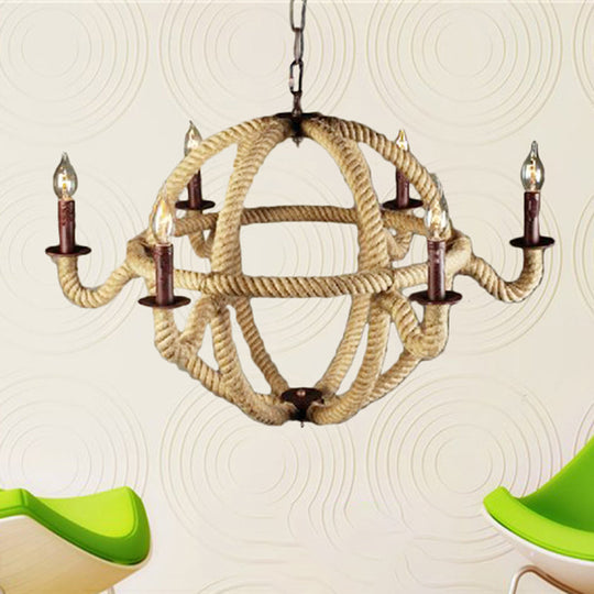 Spherical Chandelier Light Fixture with Rustic Black Finish - Antique Metal Multi-Light Farmhouse Hanging Lamp + Rope/Chain