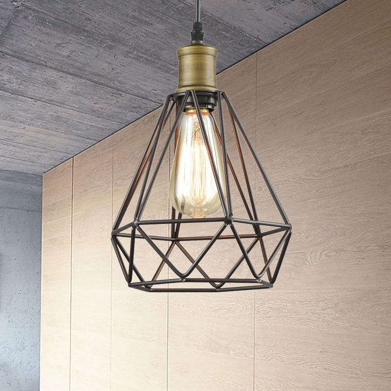 Vintage Diamond Cage Pendant Light - Iron Hanging Lamp In Brass For Living Room