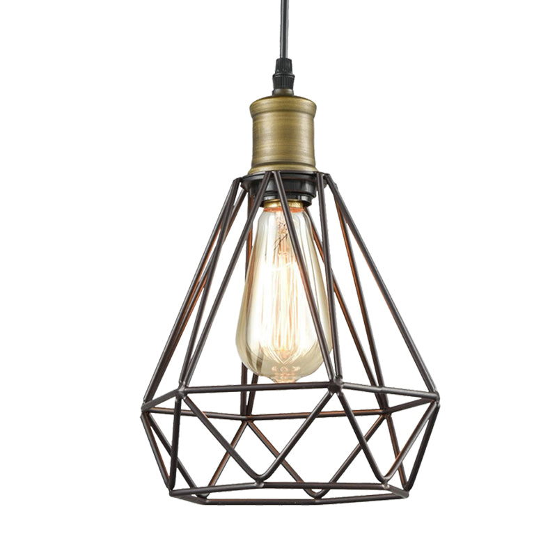 Diamond Cage Pendant Light in Retro Style- Brass/Antique for Living Room