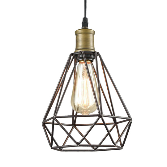 Diamond Cage Pendant Light in Retro Style- Brass/Antique for Living Room
