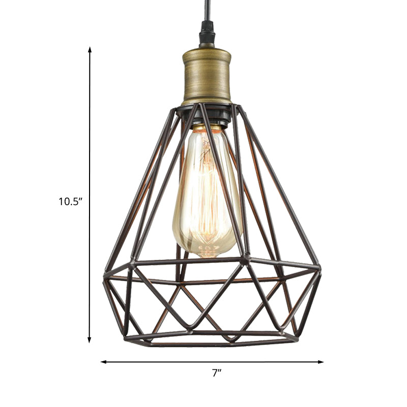 Diamond Cage Pendant Light in Retro Style- Brass/Antique for Living Room
