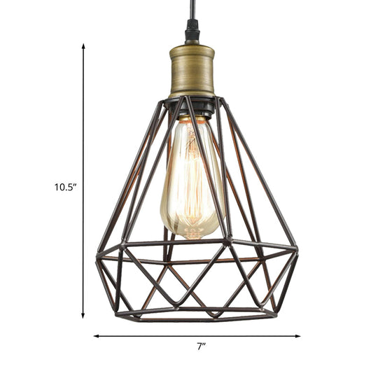Diamond Cage Pendant Light in Retro Style- Brass/Antique for Living Room