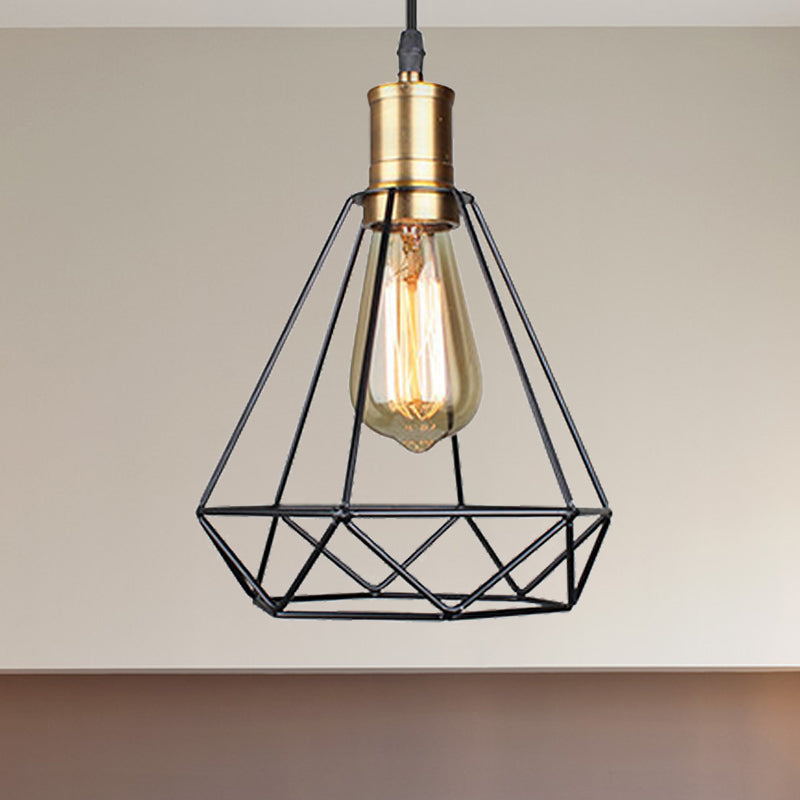 Diamond Cage Pendant Light in Retro Style- Brass/Antique for Living Room