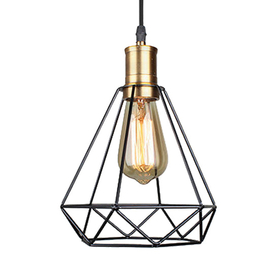 Diamond Cage Pendant Light in Retro Style- Brass/Antique for Living Room