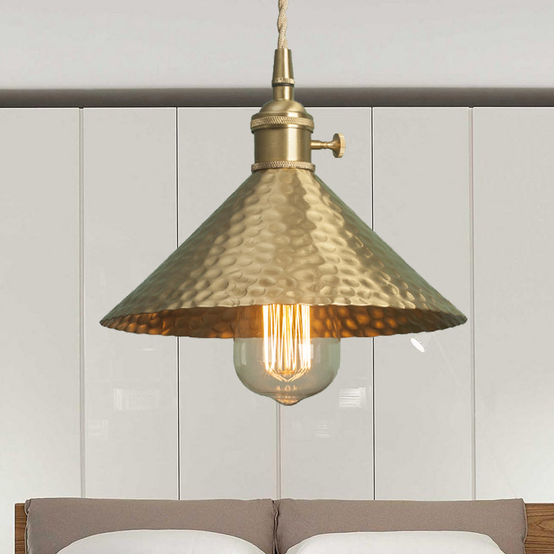 Vintage Suspension Pendant Light with Metallic Brass/Gold Finish - 7"/8.5" Conical Shade, 1-Light