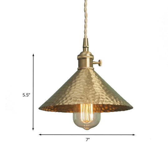 Vintage Suspension Pendant Light with Metallic Brass/Gold Finish - 7"/8.5" Conical Shade, 1-Light