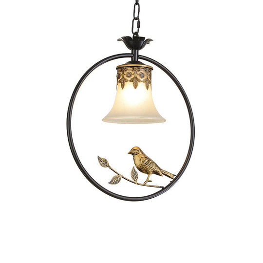Rustic Flared Pendant Light Fixture With Frosted Glass And Bird Design In Black-Bronze Finish