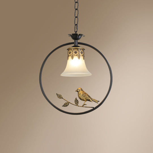 Rustic Flared Pendant Light Fixture With Frosted Glass And Bird Design In Black-Bronze Finish