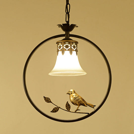 Rustic Flared Pendant Light Fixture With Frosted Glass And Bird Design In Black-Bronze Finish