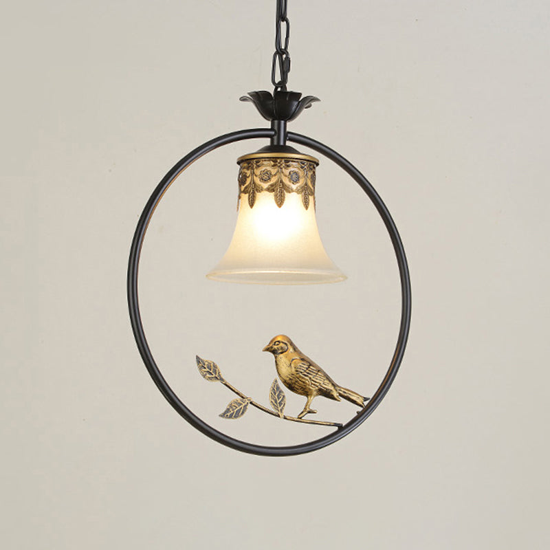 Rustic Flared Pendant Light Fixture With Frosted Glass And Bird Design In Black-Bronze Finish