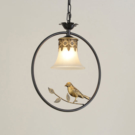 Rustic Flared Pendant Light Fixture With Frosted Glass And Bird Design In Black-Bronze Finish