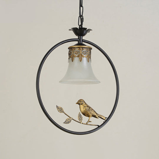 Rustic Flared Pendant Light Fixture With Frosted Glass And Bird Design In Black-Bronze Finish