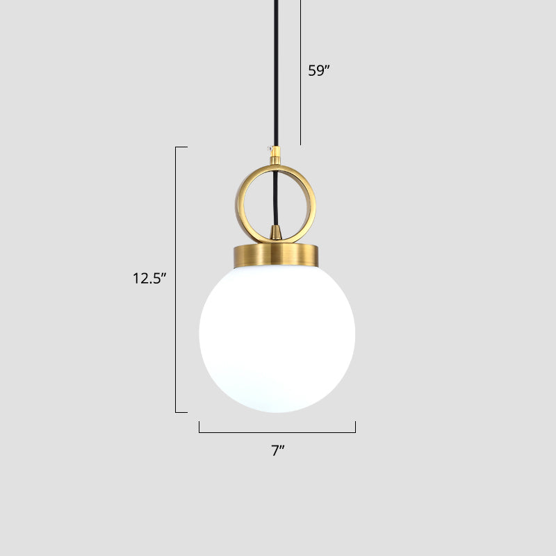 Opal Glass Dining Room Pendant Lamp with Elegant Gold Ring Top - Simplistic Ball Pendulum Light